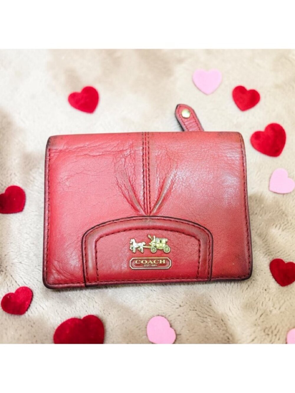 Coach Red Leather Wallet Women Compact Bifold Zip Coin Pocket Signature Logo